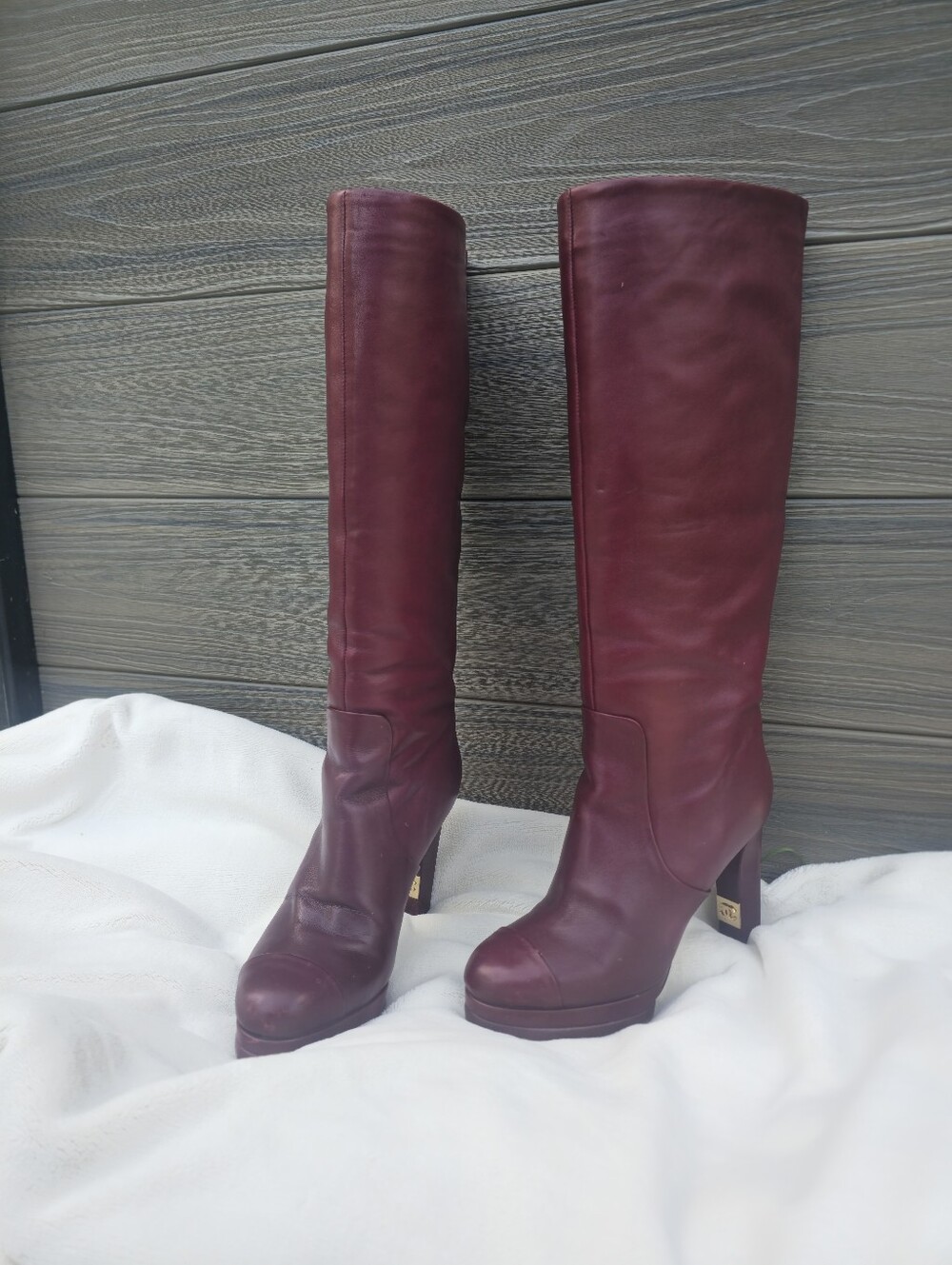Chanel Women's Tall Leather Knee-High Boots in Burgundy